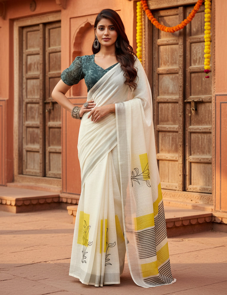 Women's Faux Linen Floral Print Ready to wear Saree With Unstitched Blouse 5.5Mtr (Off_White)