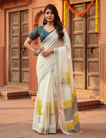 Load image into Gallery viewer, Women's Faux Linen Floral Print Ready to wear Saree With Unstitched Blouse 5.5Mtr (Off_White)

