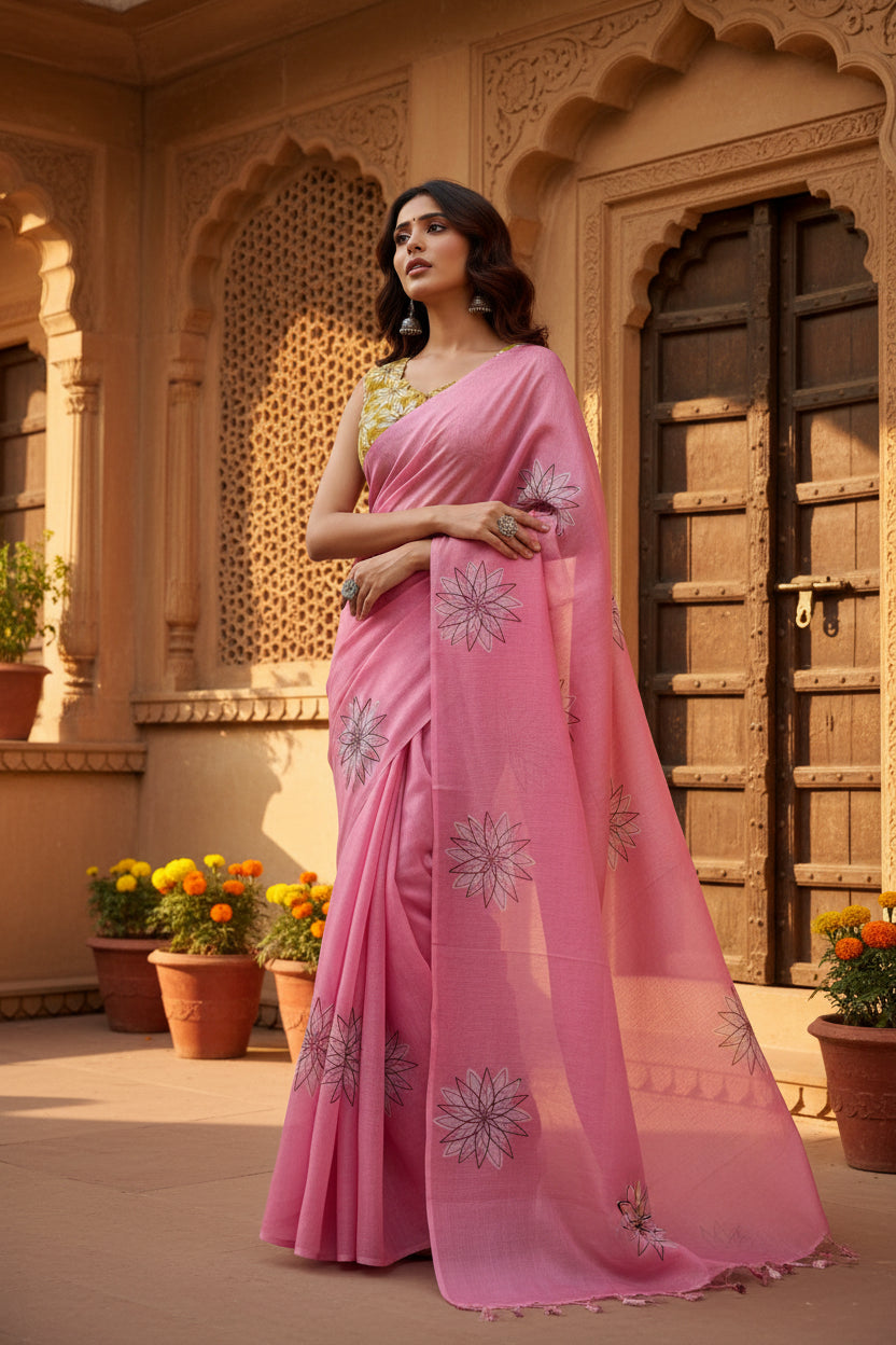 Women's Faux Linen Floral Print Ready to wear Saree With Unstitched Blouse 5.5Mtr (Pink)