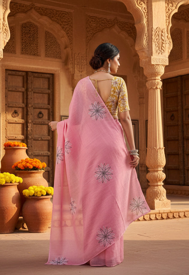Women's Faux Linen Floral Print Ready to wear Saree With Unstitched Blouse 5.5Mtr (Pink)