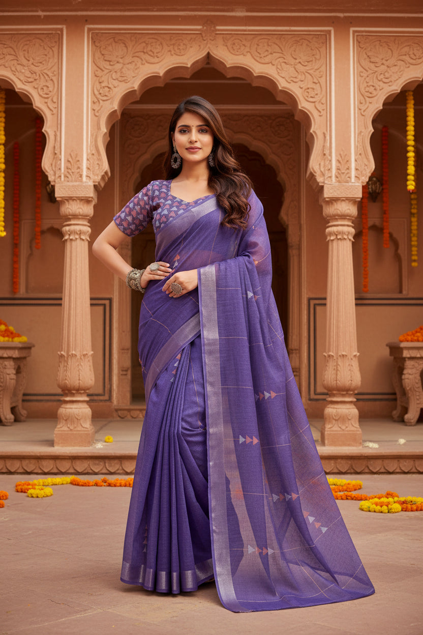 Women's Faux Linen Geometric Print Ready to wear Saree With Unstitched Blouse 5.5Mtr (Purple)