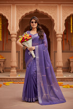 Load image into Gallery viewer, Women's Faux Linen Geometric Print Ready to wear Saree With Unstitched Blouse 5.5Mtr (Purple)
