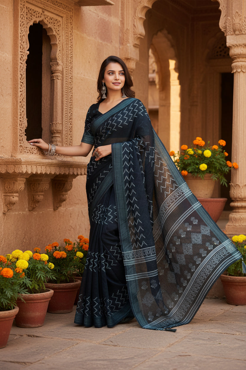 Women's Faux Linen Geometric Print Ready to wear Saree With Unstitched Blouse 5.5Mtr (Black)