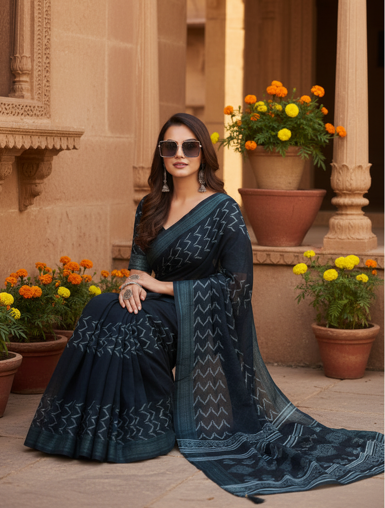 Pid 65893 women s faux linen geometric print ready to wear saree with unstitched blouse 5 5 mtr bla 1000x1000_26d73cdc cf30 4d62 be5e 72e2ed5d181a_1