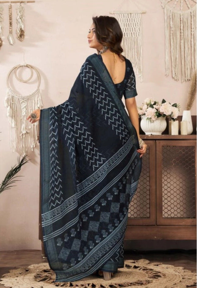 Women's Faux Linen Geometric Print Ready to wear Saree With Unstitched Blouse 5.5Mtr (Black)