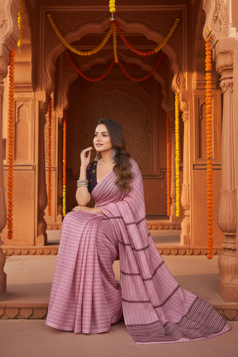 Women's Faux Linen Geometric Ready to wear Saree With Unstitched Blouse 5.5Mtr (LightPink)