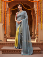 Load image into Gallery viewer, Women's Faux Linen Geometric Ready to wear Saree With Unstitched Blouse 5.5Mtr (Grey)
