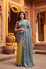 Load image into Gallery viewer, Women's Faux Linen Geometric Ready to wear Saree With Unstitched Blouse 5.5Mtr (Grey)
