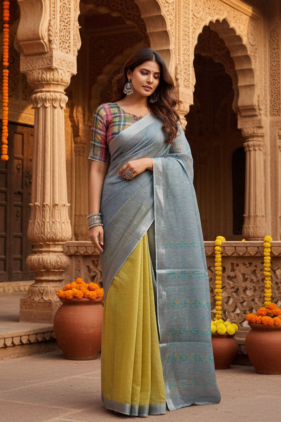 Women's faux linen geometric ready to wear saree with unstitched blouse 5
