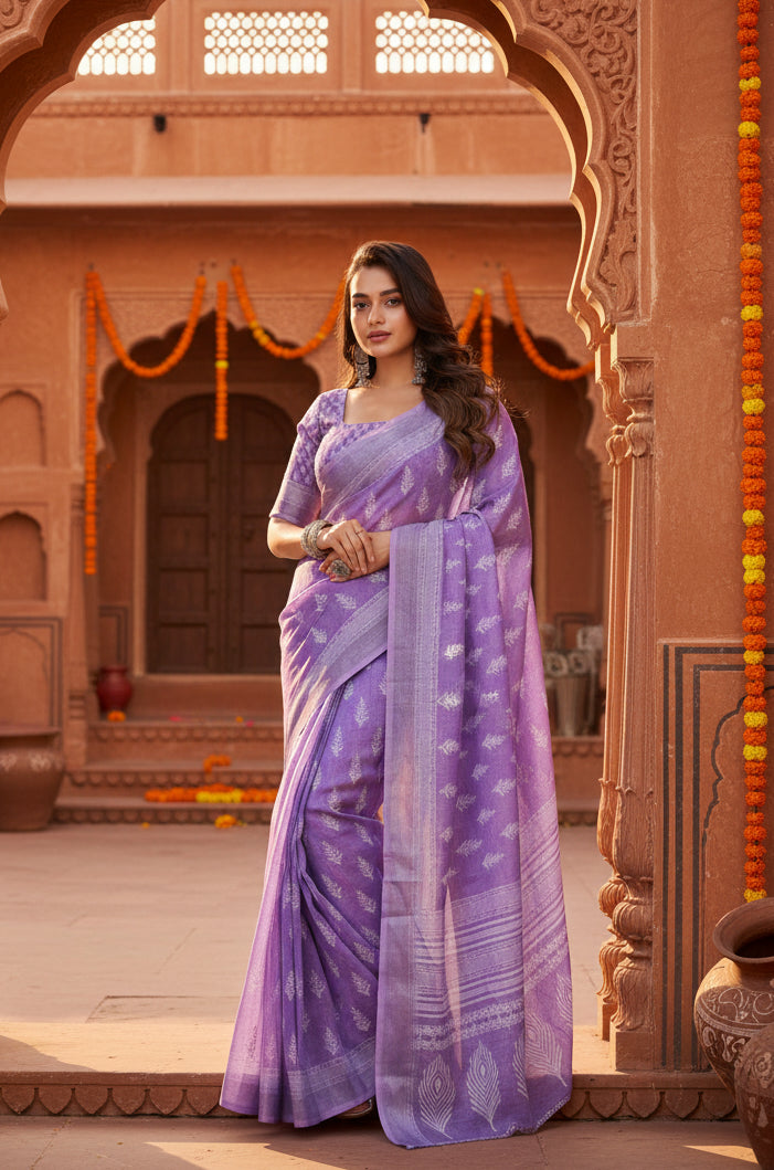 Women's Faux Linen Floral Ready to wear Saree With Unstitched Blouse 5.5Mtr (Lavender)