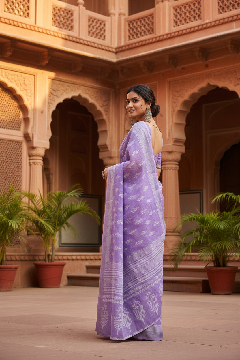 Women's faux linen floral ready to wear saree with unstitched blouse 5