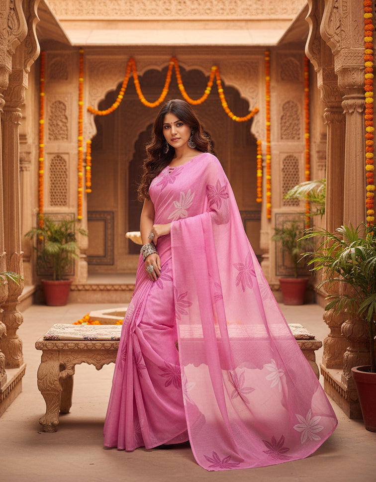 Women's Faux Linen Floral Ready to wear Saree With Unstitched Blouse 5.5Mtr (Light_Pink)