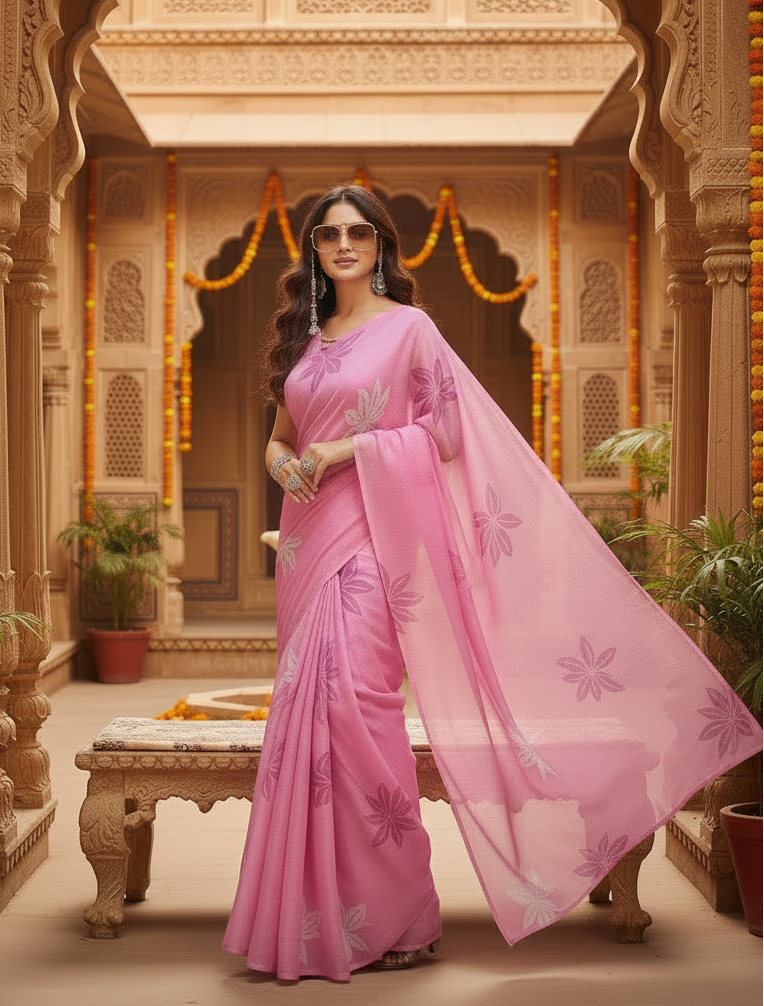 Women's Faux Linen Floral Ready to wear Saree With Unstitched Blouse 5.5Mtr (Light_Pink)
