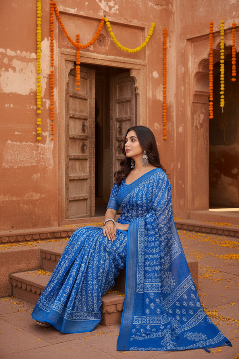 Women's Faux Linen Geometric Print Ready to wear Saree With Unstitched Blouse 5.5Mtr (Blue)
