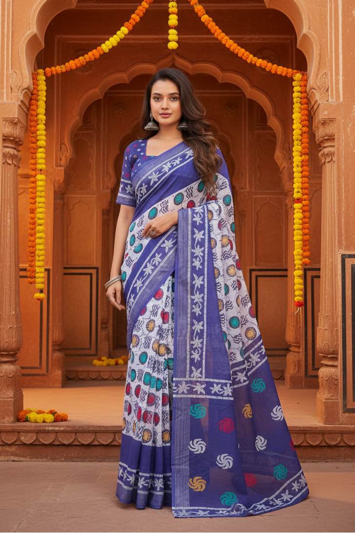 Women's Faux Linen Geometric Print Ready to wear Saree With Unstitched Blouse 5.5Mtr (Blue)
