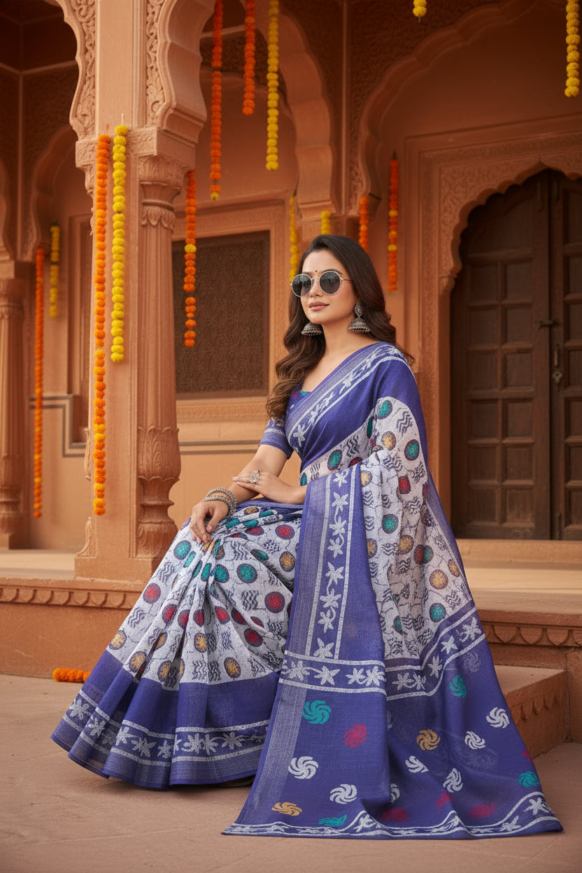 Women's Faux Linen Geometric Print Ready to wear Saree With Unstitched Blouse 5.5Mtr (Blue)