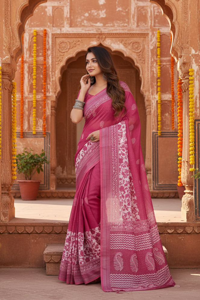 Women's Faux Linen Floral Print Ready to wear Saree With Unstitched Blouse 5.5Mtr (Pink)