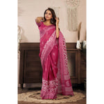 Load image into Gallery viewer, Women's Faux Linen Floral Print Ready to wear Saree With Unstitched Blouse 5.5Mtr (Pink)
