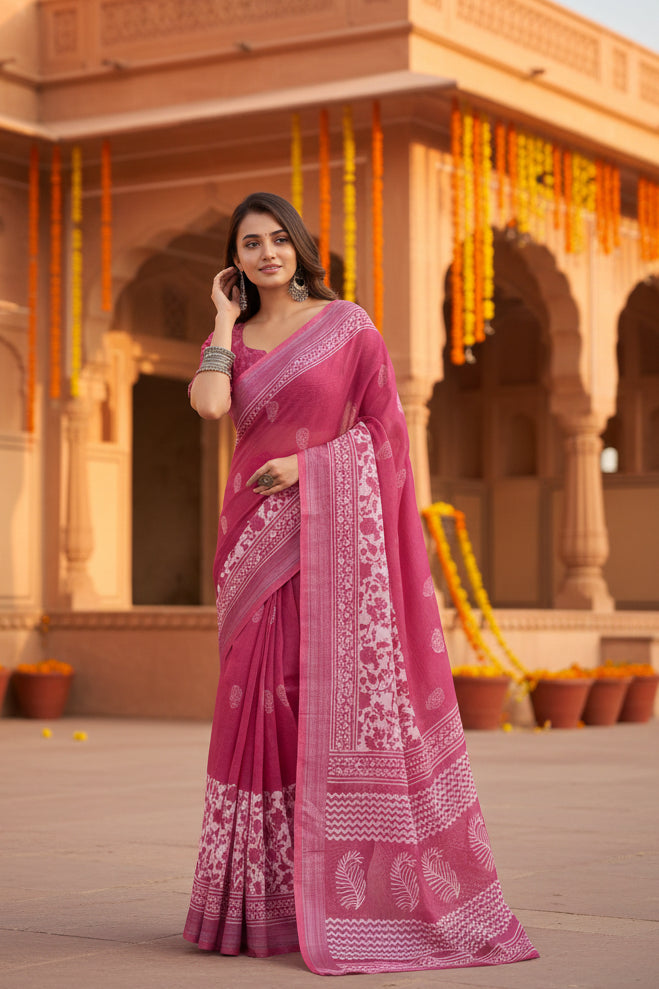 Pid 65901 women s faux linen floral print ready to wear saree with unstitched blouse 5 5 mtr pink 1000x1000_b2d1b62f b9cf 423b b2f5 69aa88b415ee