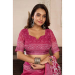 Load image into Gallery viewer, Women's Faux Linen Floral Print Ready to wear Saree With Unstitched Blouse 5.5Mtr (Pink)
