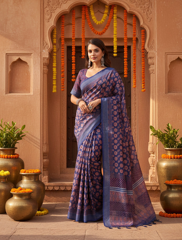 Women's faux linen floral print ready to wear saree with unstitched blouse 5