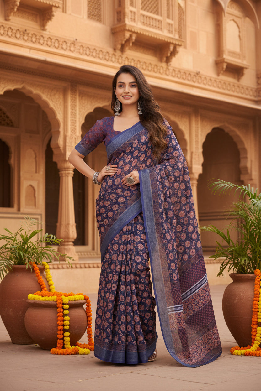 Women's Faux Linen Floral Print Ready to wear Saree With Unstitched Blouse 5.5Mtr (Dark_NavyBlue)
