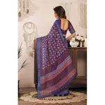 Load image into Gallery viewer, Women's Faux Linen Floral Print Ready to wear Saree With Unstitched Blouse 5.5Mtr (Dark_NavyBlue)
