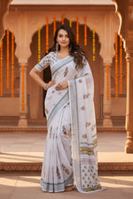 Load image into Gallery viewer, Women's Faux Linen Floral Print Ready to wear Saree With Unstitched Blouse 5.5Mtr (Off_White)
