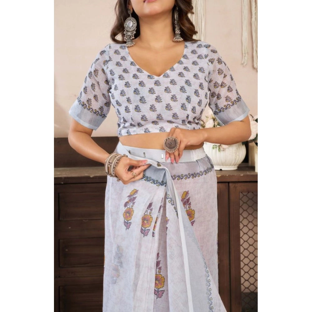 Women's faux linen floral print ready to wear saree with unstitched blouse 5