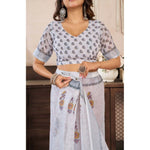Load image into Gallery viewer, Women's Faux Linen Floral Print Ready to wear Saree With Unstitched Blouse 5.5Mtr (Off_White)
