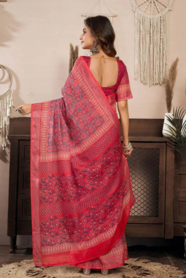 Women's Faux Linen Geometric Print Ready to wear Saree With Unstitched Blouse 5.5Mtr (Red)