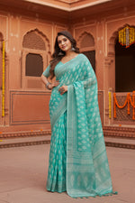 Load image into Gallery viewer, Women's Faux Linen Leaf Print Ready to wear Saree With Unstitched Blouse 5.5Mtr (SeaGreen)
