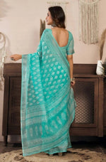 Load image into Gallery viewer, Women's Faux Linen Leaf Print Ready to wear Saree With Unstitched Blouse 5.5Mtr (SeaGreen)
