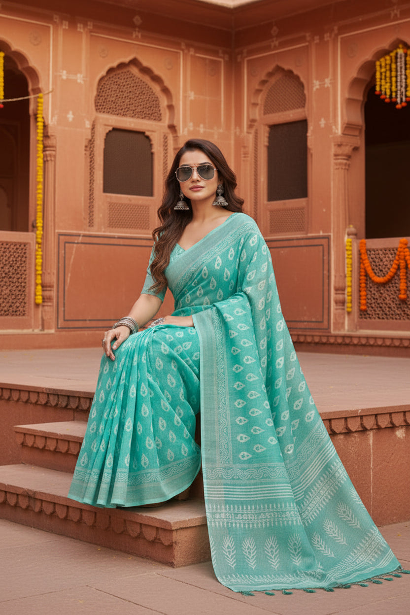 Women's Faux Linen Leaf Print Ready to wear Saree With Unstitched Blouse 5.5Mtr (SeaGreen)