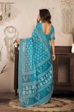 Load image into Gallery viewer, Women's Faux Linen Floral Print Ready to wear Saree With Unstitched Blouse 5.5Mtr (AquaBlue)
