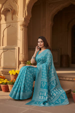 Load image into Gallery viewer, Women's Faux Linen Floral Print Ready to wear Saree With Unstitched Blouse 5.5Mtr (AquaBlue)
