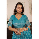 Load image into Gallery viewer, Women's Faux Linen Floral Print Ready to wear Saree With Unstitched Blouse 5.5Mtr (AquaBlue)
