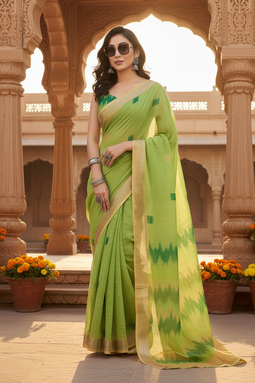 Women's Faux Linen Floral Print Ready to wear Saree With Unstitched Blouse 5.5Mtr (Green)