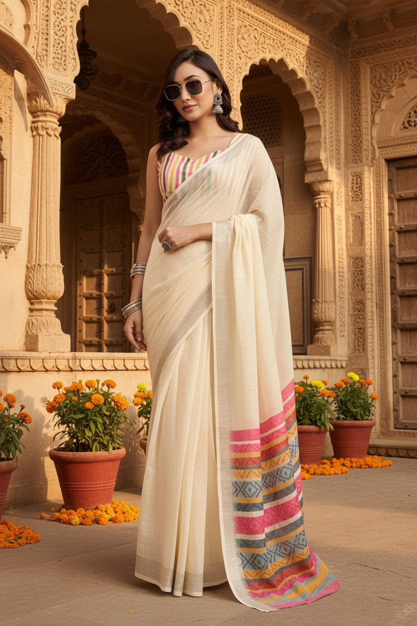 Women's faux linen floral print ready to wear saree with unstitched blouse 5