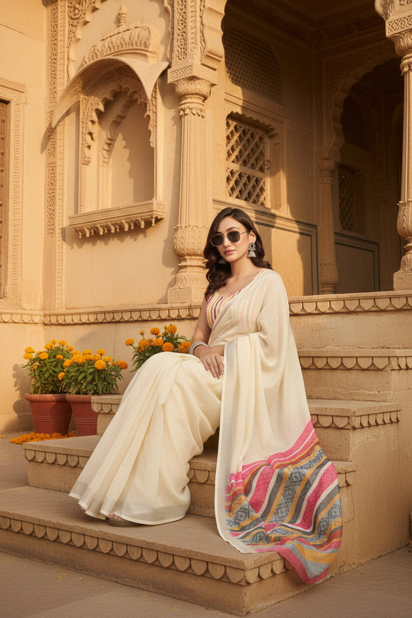 Women's Faux Linen Floral Print Ready to wear Saree With Unstitched Blouse 5.5Mtr (Cream)