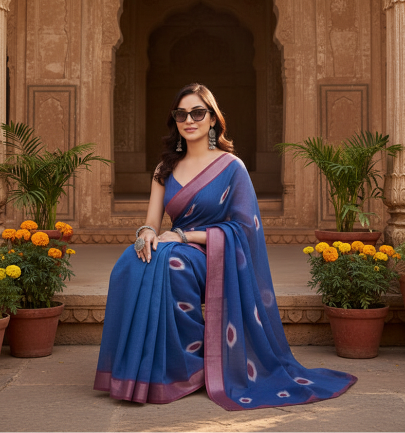 Pid 65910 women s faux linen printed ready to wear saree with unstitched blouse 5 5 mtr blue 1 1000x1000