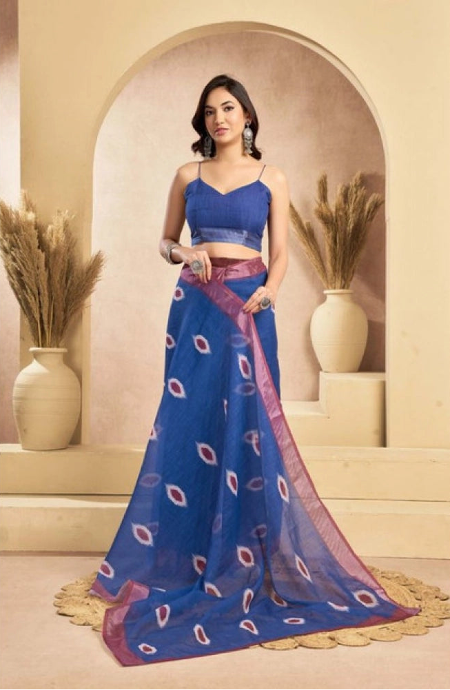 Women's Faux Linen Printed Ready to wear Saree With Unstitched Blouse 5.5Mtr (Blue)