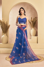 Load image into Gallery viewer, Women's Faux Linen Printed Ready to wear Saree With Unstitched Blouse 5.5Mtr (Blue)
