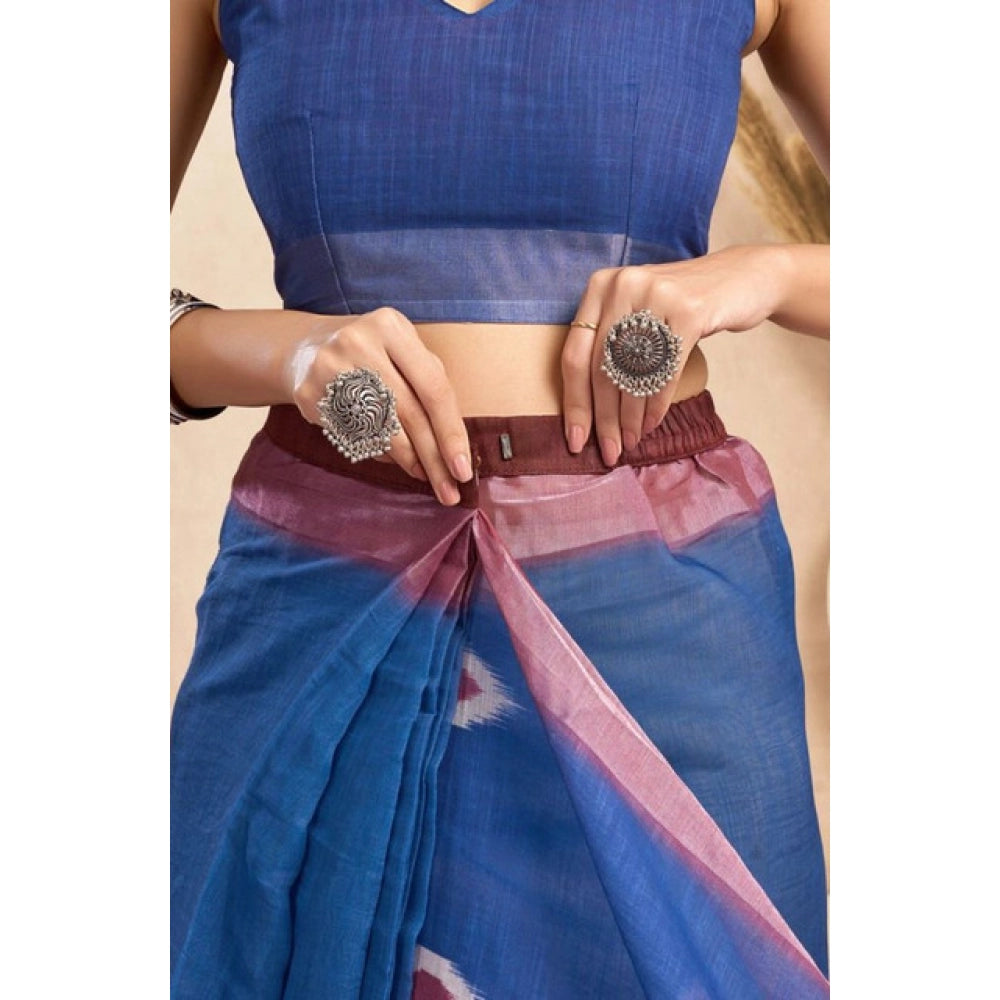 Women's Faux Linen Printed Ready to wear Saree With Unstitched Blouse 5.5Mtr (Blue)