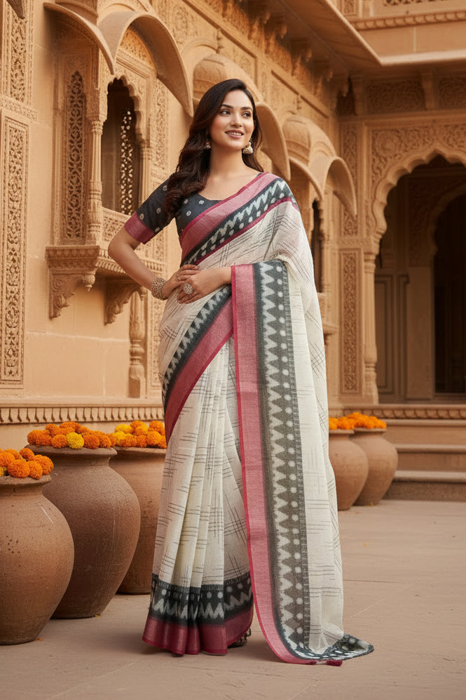 Women's Faux Linen Floral Print Ready to wear Saree With Unstitched Blouse 5.5Mtr (OffWhite)
