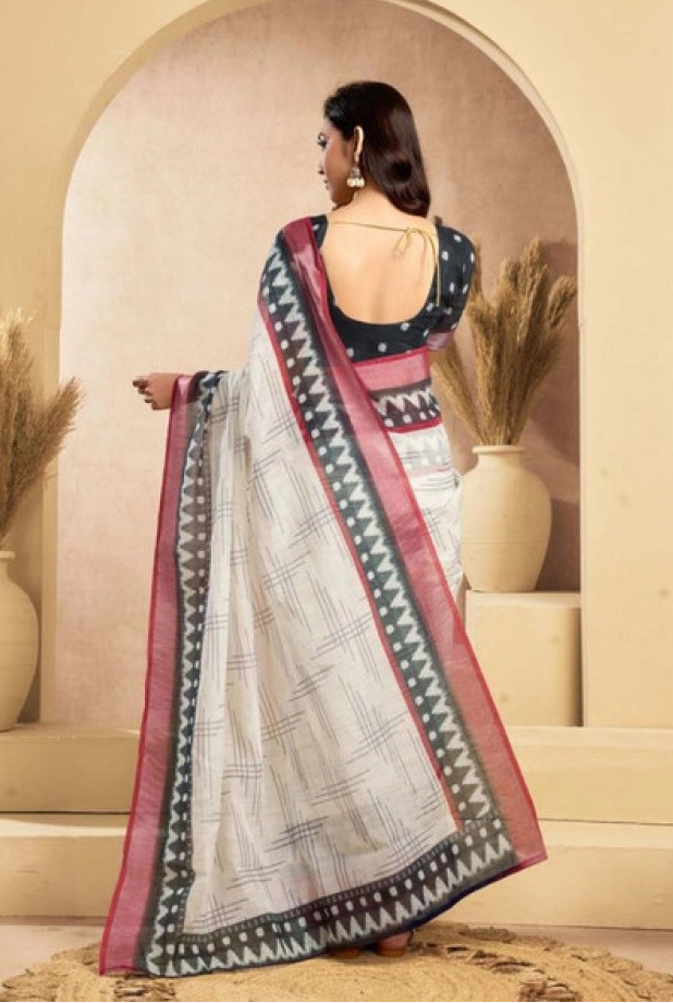 Women's Faux Linen Floral Print Ready to wear Saree With Unstitched Blouse 5.5Mtr (OffWhite)