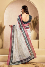 Load image into Gallery viewer, Women's Faux Linen Floral Print Ready to wear Saree With Unstitched Blouse 5.5Mtr (OffWhite)
