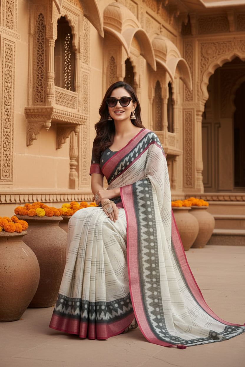 Pid 65912 women s faux linen floral print ready to wear saree with unstitched blouse 5 5 mtr off wh 1000x1000_b0ff7595 eb35 4666 836b ac0fd74270ce
