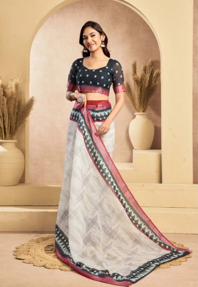 Women's Faux Linen Floral Print Ready to wear Saree With Unstitched Blouse 5.5Mtr (OffWhite)
