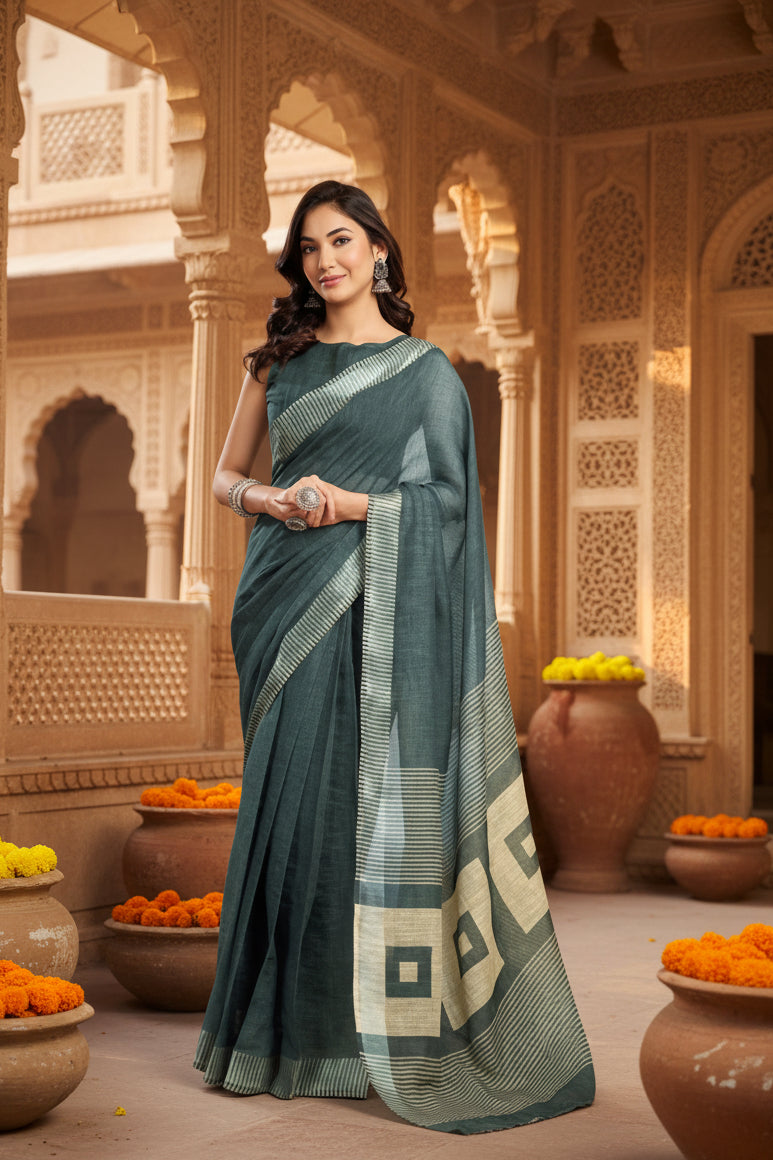 Women's Faux Linen Floral Ready to wear Saree With Unstitched Blouse 5.5Mtr (Light_Teal)